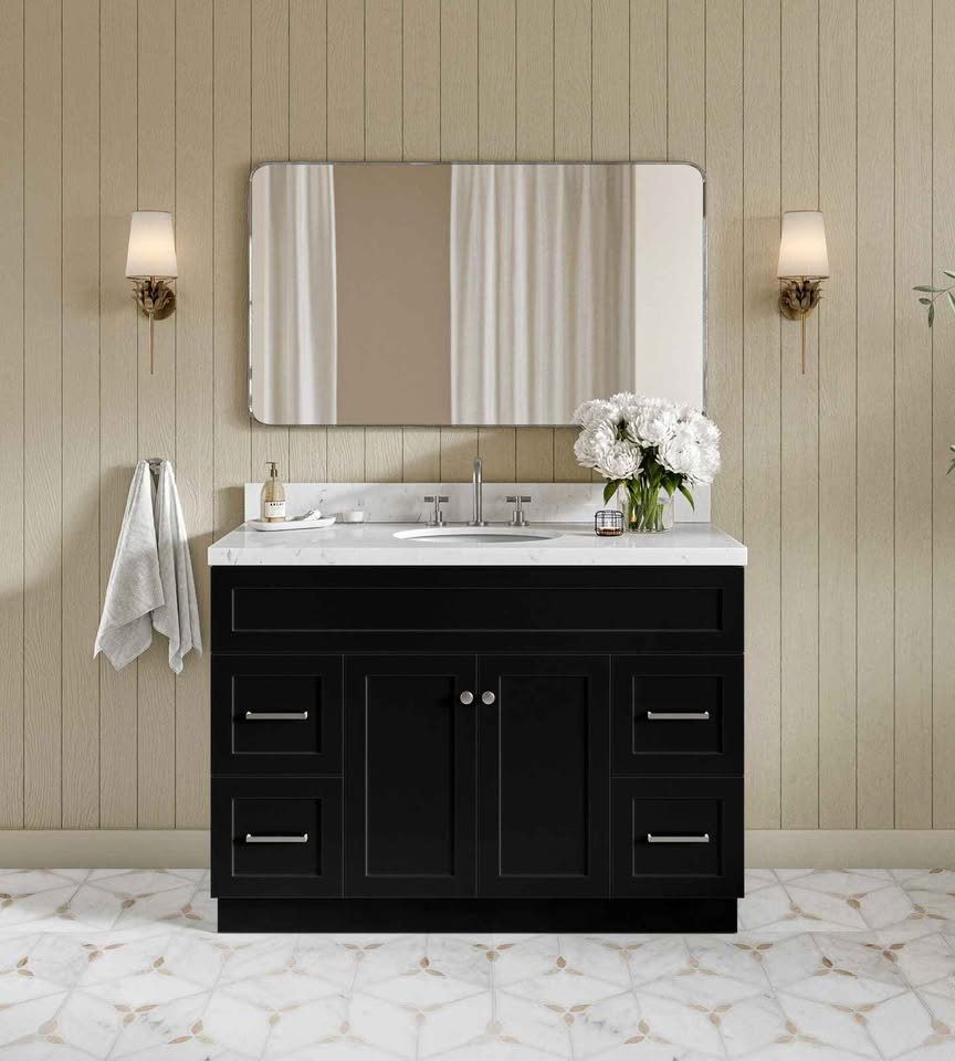 ariel hamlet 48 in. oval sink bathroom vanity with carrara white Cultured Top in black - Image 2