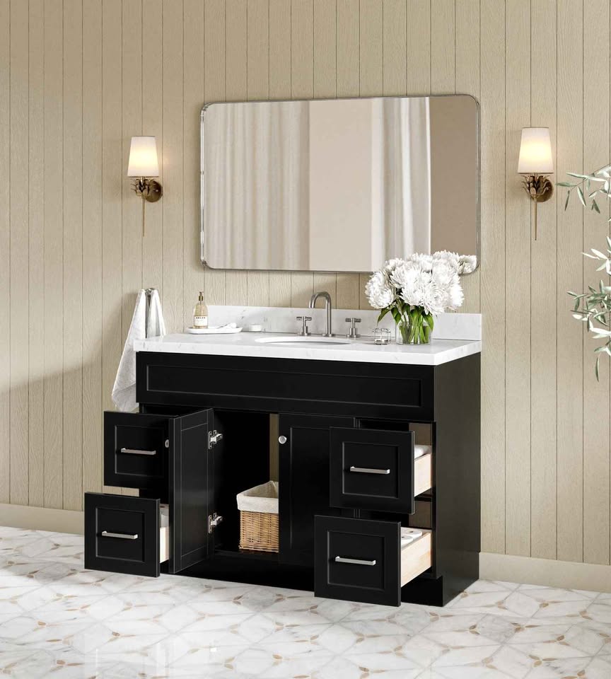 ariel hamlet 48 in. oval sink bathroom vanity with carrara white Cultured Top in black - Image 3