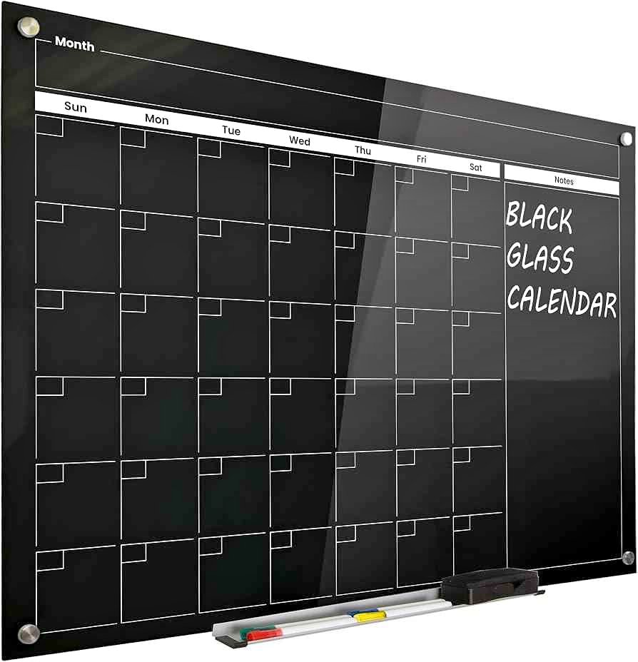 Real Glass Dry Erase Monthly Calendar, Giant Size 34" x 46", Tempered Glass Surface, Frameless Wall