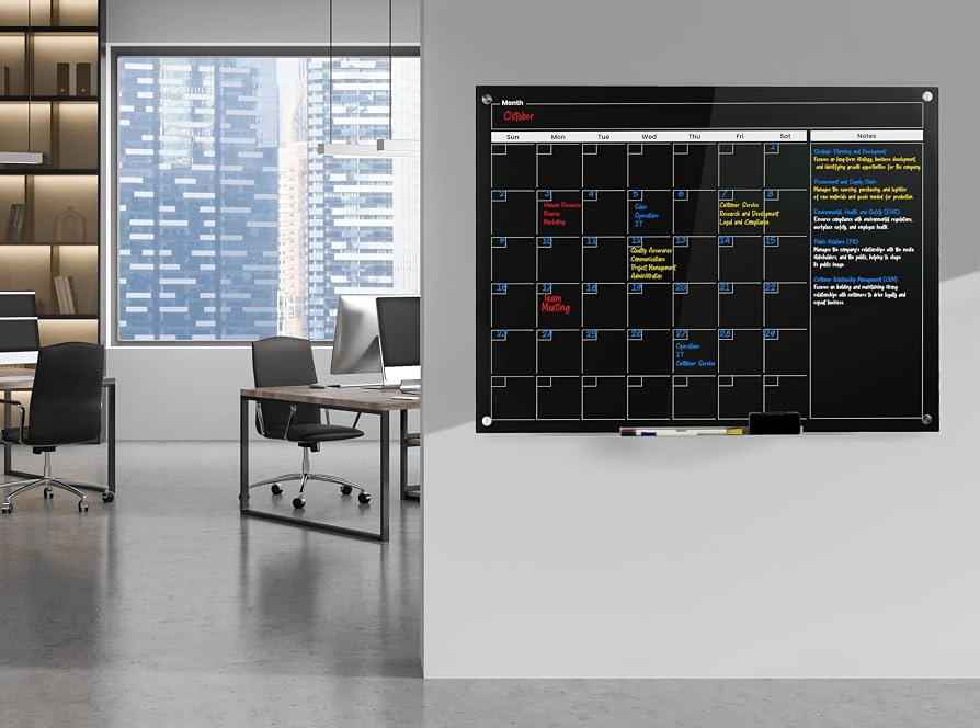 Real Glass Dry Erase Monthly Calendar, Giant Size 34" x 46", Tempered Glass Surface, Frameless Wall - Image 2