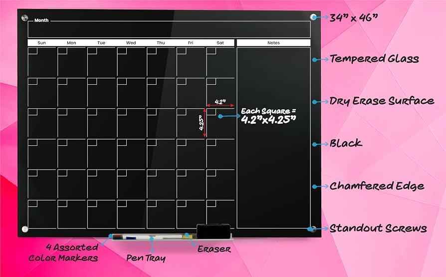 Real Glass Dry Erase Monthly Calendar, Giant Size 34" x 46", Tempered Glass Surface, Frameless Wall - Image 3