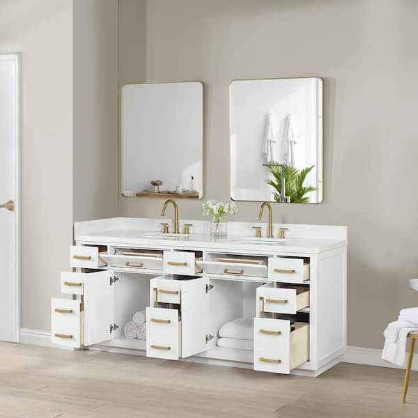 Gavino 84" Bath Vanity in White with White Composite Stone Top ( Scratch in front) Retails $3000.00 - Image 2