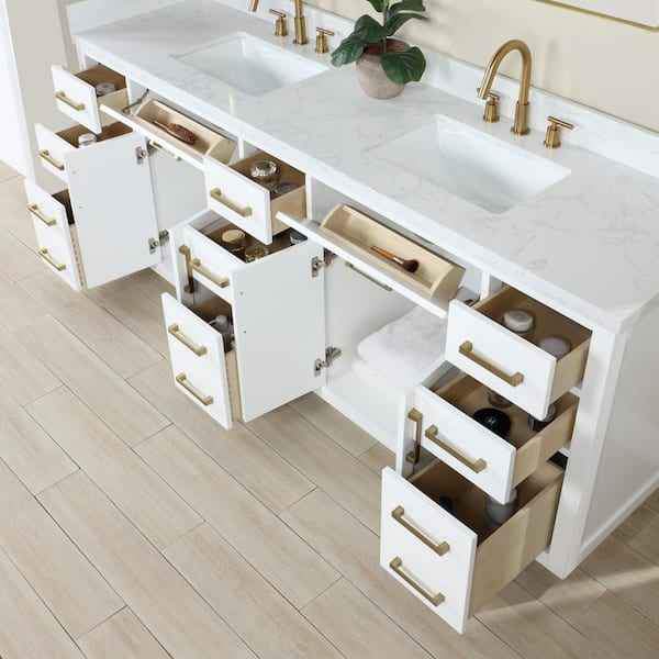 Gavino 84" Bath Vanity in White with White Composite Stone Top ( Scratch in front) Retails $3000.00 - Image 3