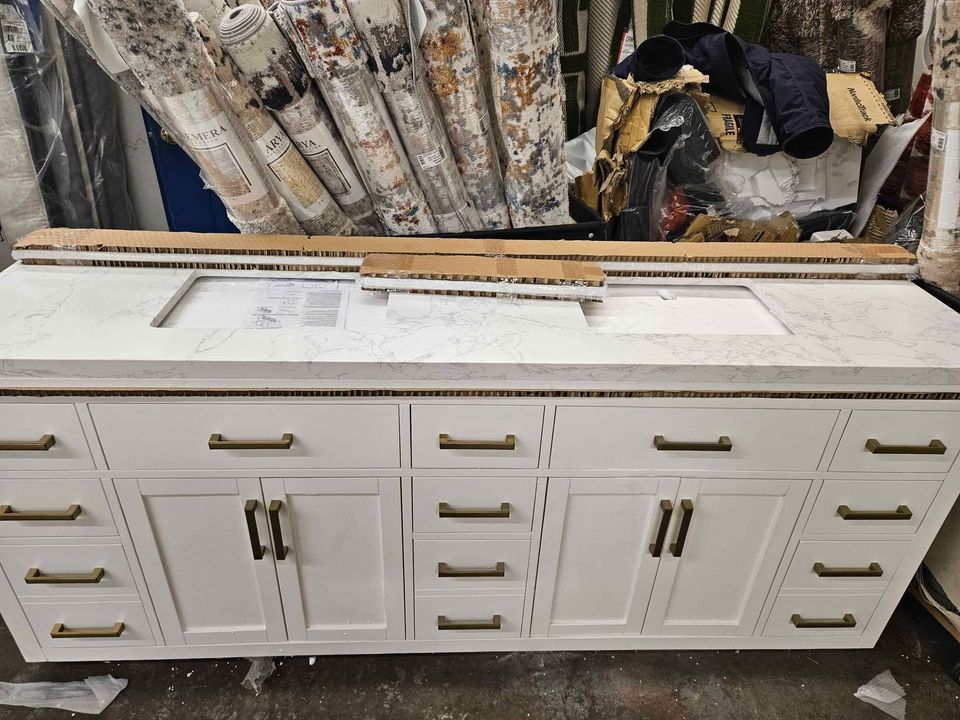 Gavino 84" Bath Vanity in White with White Composite Stone Top ( Scratch in front) Retails $3000.00 - Image 6