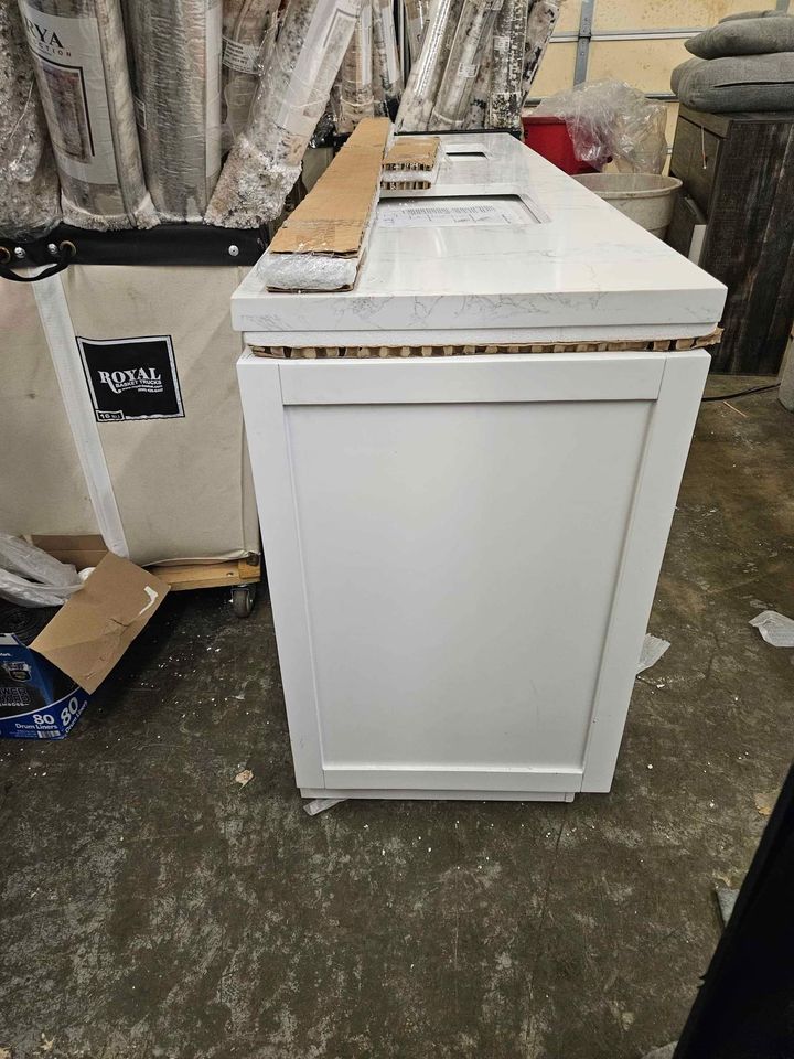 Gavino 84" Bath Vanity in White with White Composite Stone Top ( Scratch in front) Retails $3000.00 - Image 8