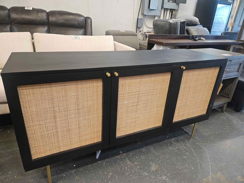 Curtis 3-Door Solid Wood with Natural Woven Cane Sideboard - Black - Image 7