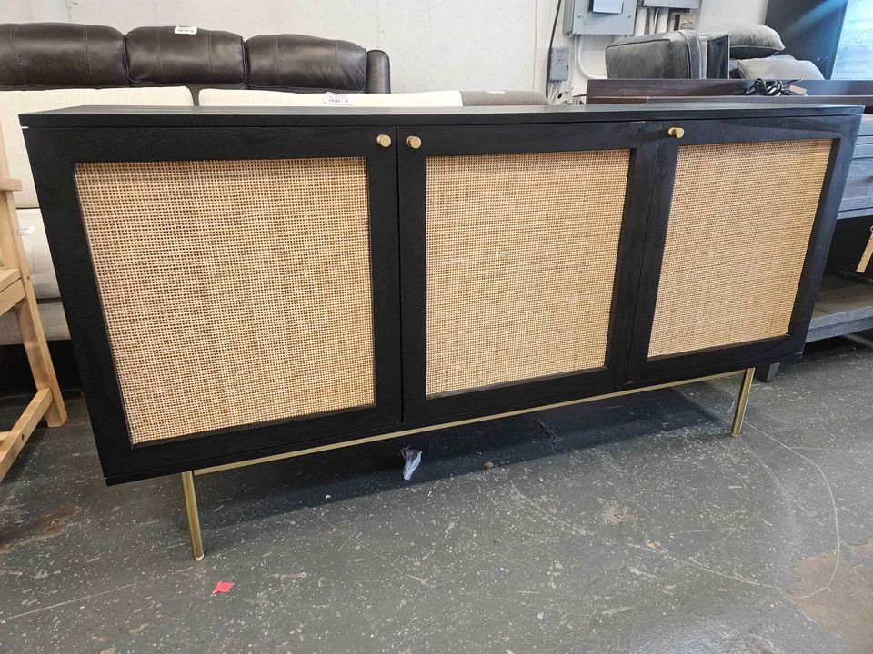 Curtis 3-Door Solid Wood with Natural Woven Cane Sideboard - Black - Image 8
