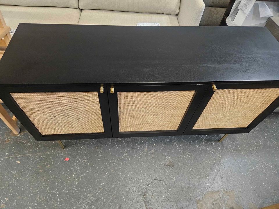 Curtis 3-Door Solid Wood with Natural Woven Cane Sideboard - Black - Image 9