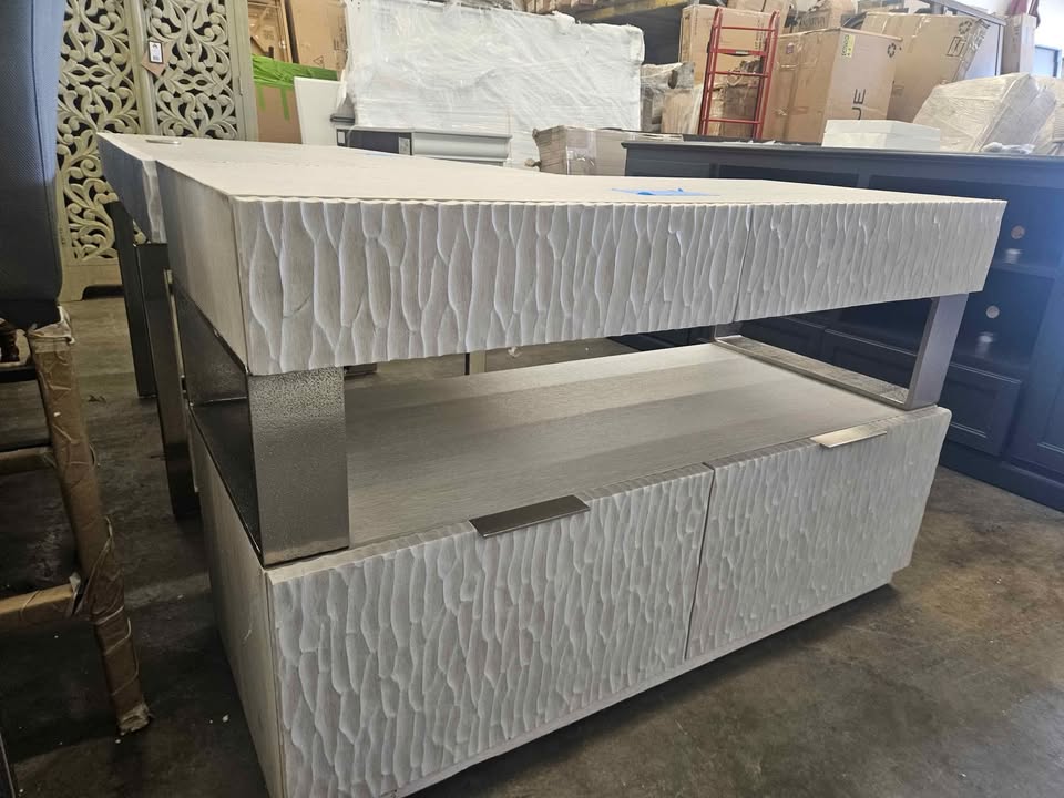 Alesio File Credenza - Elegant Weathered Bone Design with Four Drawers & Shiny Nickel Accents - Image 8