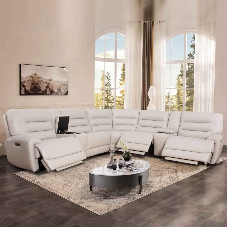 Aubrey 7-piece Leather Power Zero Gravity Reclining Sectional with Power Headrests ( Cream ) - Image 3