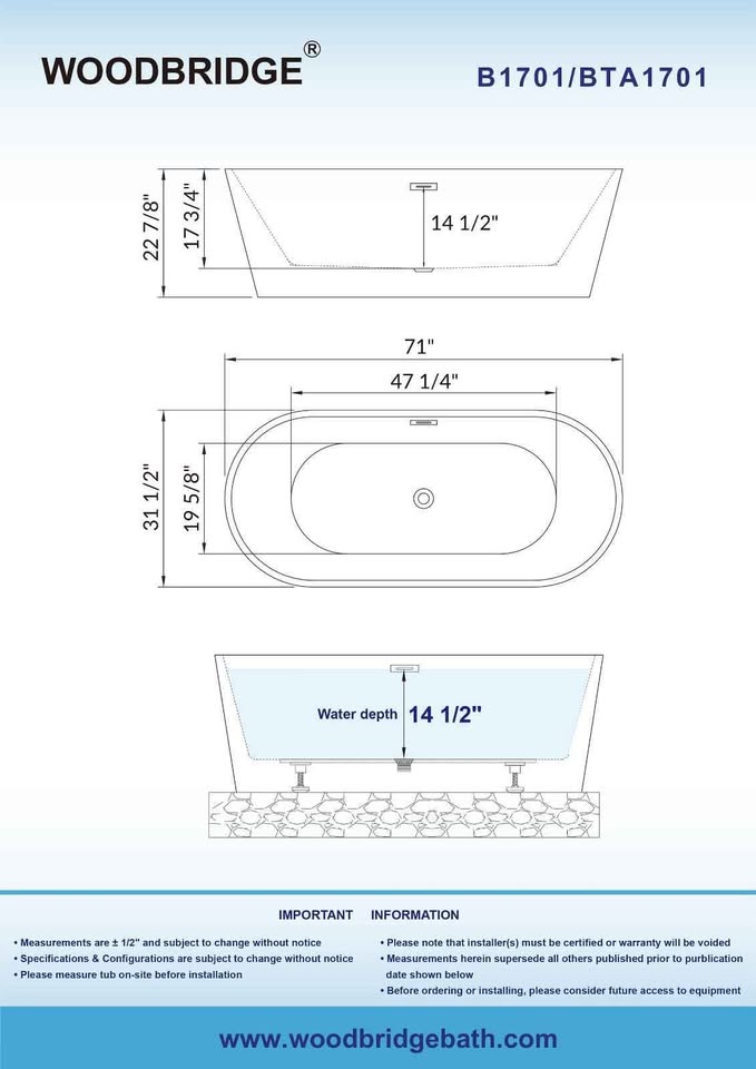 WOODBRIDGE 71" Acrylic Freestanding Bathtub Contemporary Soaking Tub with Brushed Nickel - Image 4