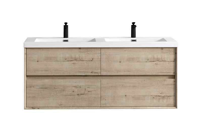 SLIM 60" DOUBLE SINK LIGHE WHITE OAK WALL MOUNTED VANITY WITH REINFORCED ACRYLIC SINKS