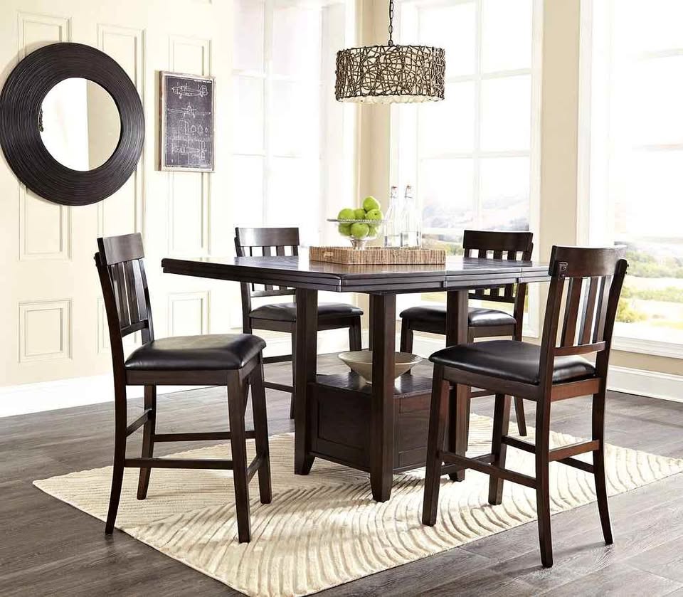 Dark Wood Counter Height Dining Set with 4 Bar Stools