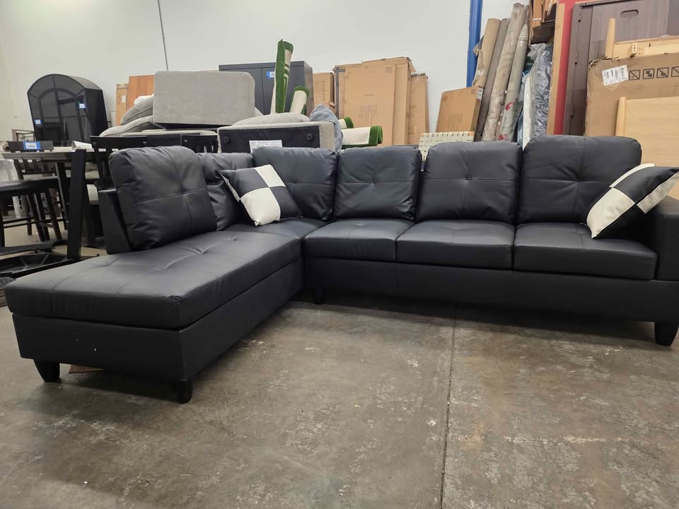 Ainehome Furniture Black Faux Leather Sectional Sofa Couch Set, L-Shaped Modern Sofa Chaise