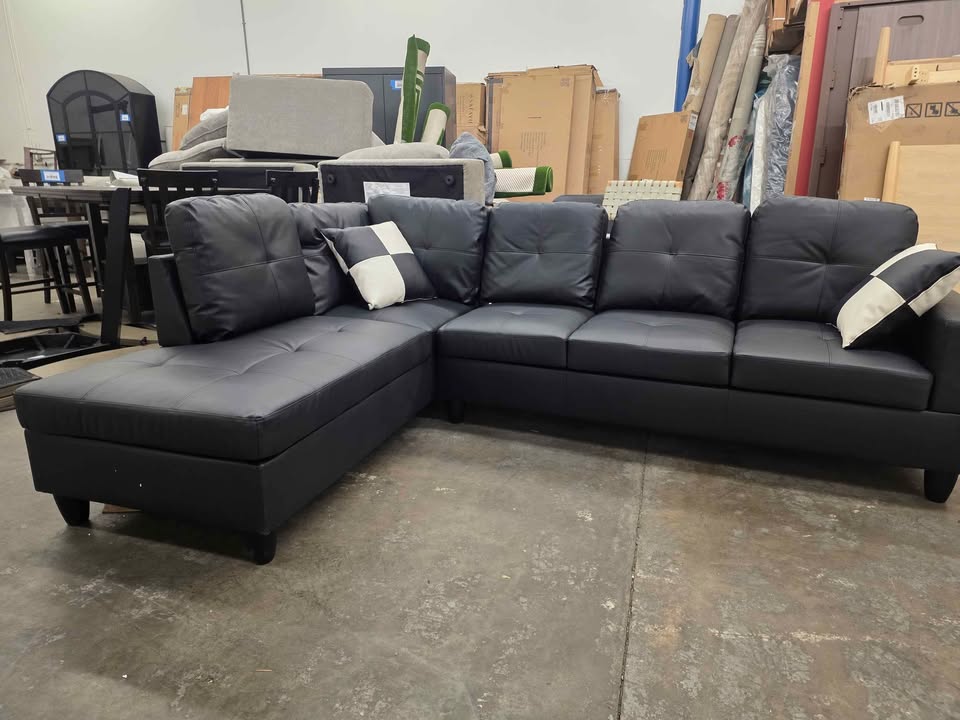 Ainehome Furniture Black Faux Leather Sectional Sofa Couch Set, L-Shaped Modern Sofa Chaise - Image 2