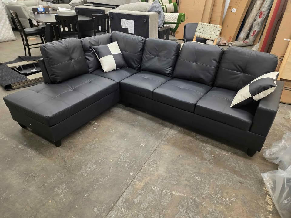 Ainehome Furniture Black Faux Leather Sectional Sofa Couch Set, L-Shaped Modern Sofa Chaise - Image 3