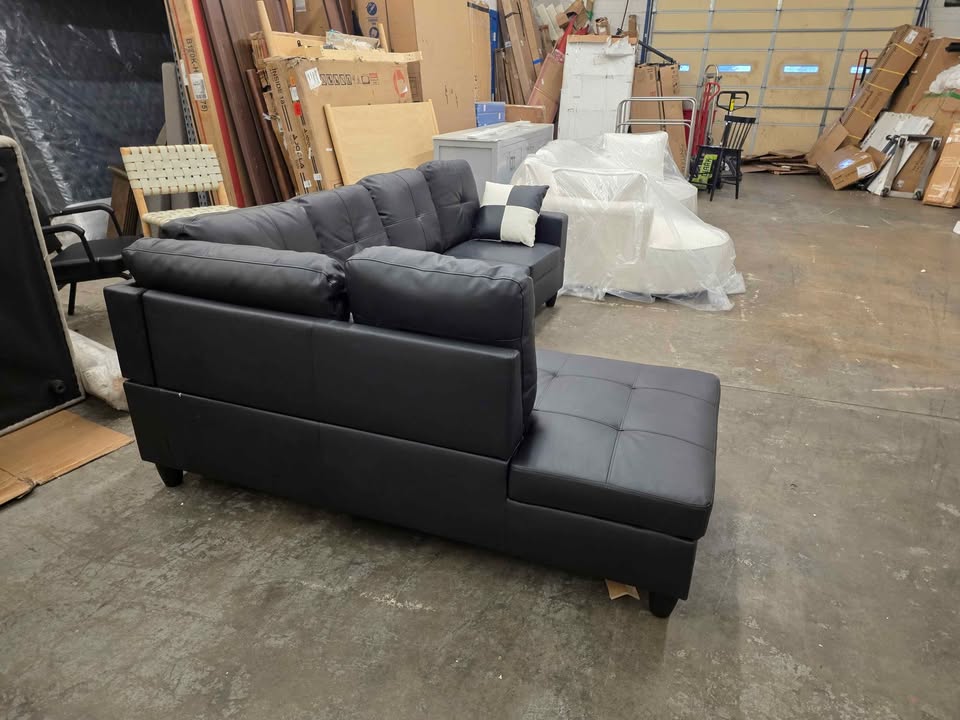 Ainehome Furniture Black Faux Leather Sectional Sofa Couch Set, L-Shaped Modern Sofa Chaise - Image 5