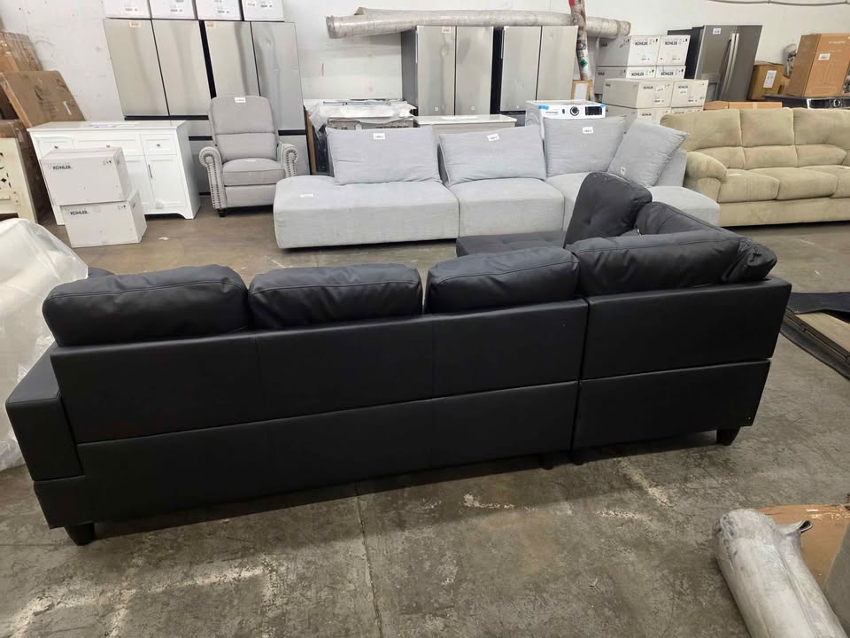 Ainehome Furniture Black Faux Leather Sectional Sofa Couch Set, L-Shaped Modern Sofa Chaise - Image 6