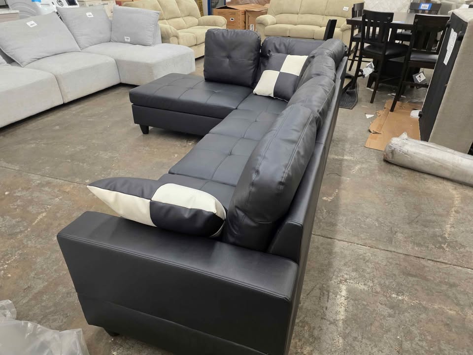 Ainehome Furniture Black Faux Leather Sectional Sofa Couch Set, L-Shaped Modern Sofa Chaise - Image 7