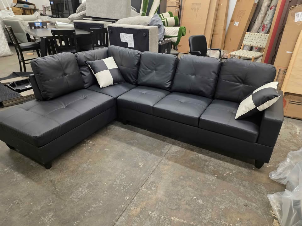 Ainehome Furniture Black Faux Leather Sectional Sofa Couch Set, L-Shaped Modern Sofa Chaise - Image 8