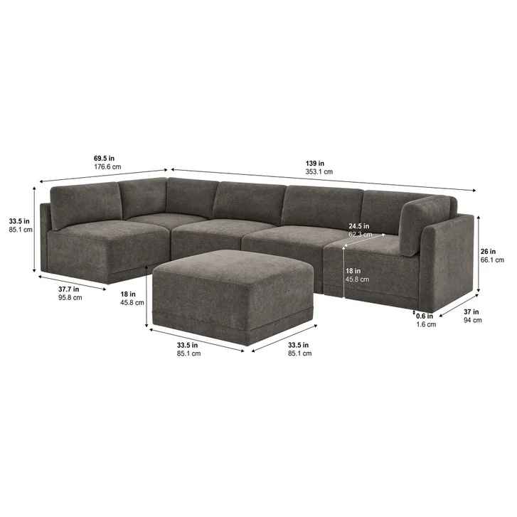 Thomasville Fallon Modular Sectional 6-piece Gray with Ottoman - Image 2
