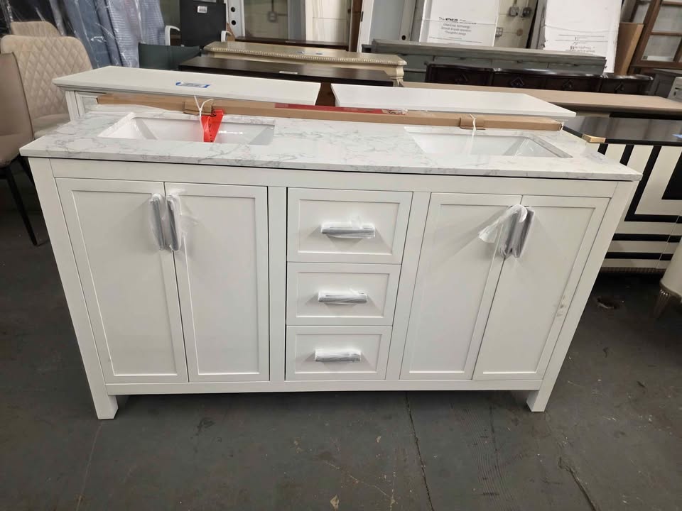 Lenoir 60-in White Undermount Double Sink Bathroom Vanity with White Engineered Marble Top - Image 9