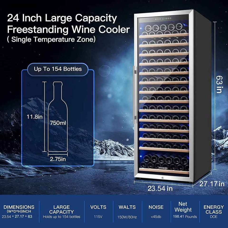 BODEGAcooler 24" Free Standing 154 Bottles Wine Cooler Single Zone - Image 5