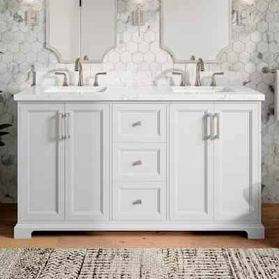 Pittman 60" White Undermount Double Sink Bathroom Vanity with White Engineered Stone Top