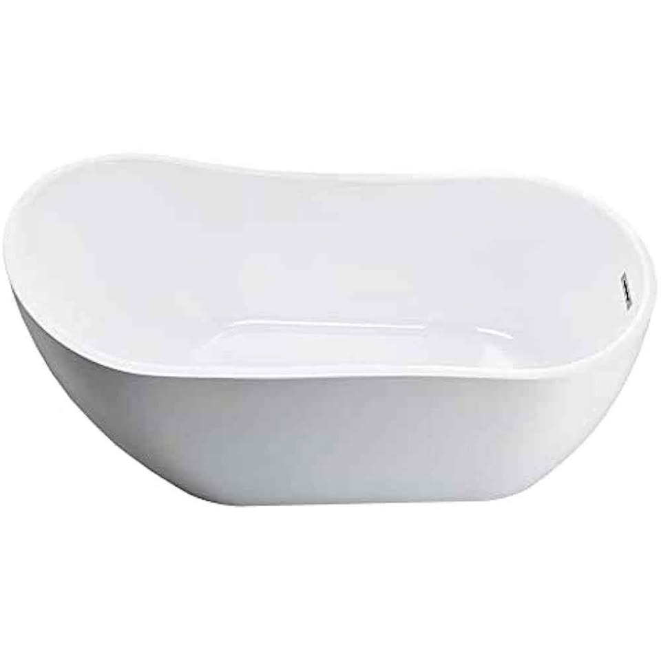 WOODBRIDGE 59" Acrylic Freestanding Bathtub Contemporary Soaking White Tub With Brushed Nickel Overf