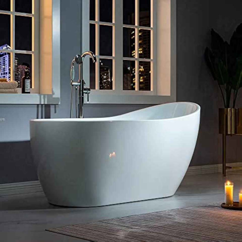 WOODBRIDGE 59" Acrylic Freestanding Bathtub Contemporary Soaking White Tub With Brushed Nickel Overf - Image 2
