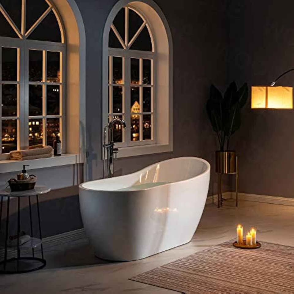 WOODBRIDGE 59" Acrylic Freestanding Bathtub Contemporary Soaking White Tub With Brushed Nickel Overf - Image 3