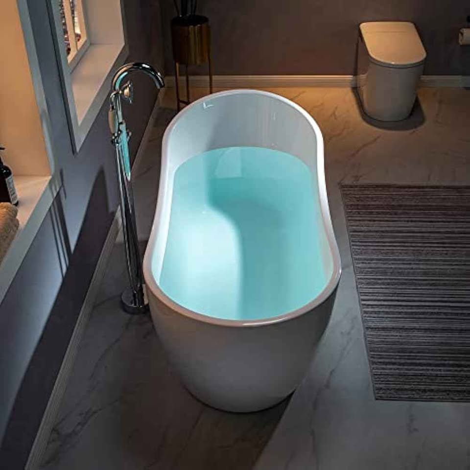 WOODBRIDGE 59" Acrylic Freestanding Bathtub Contemporary Soaking White Tub With Brushed Nickel Overf - Image 4