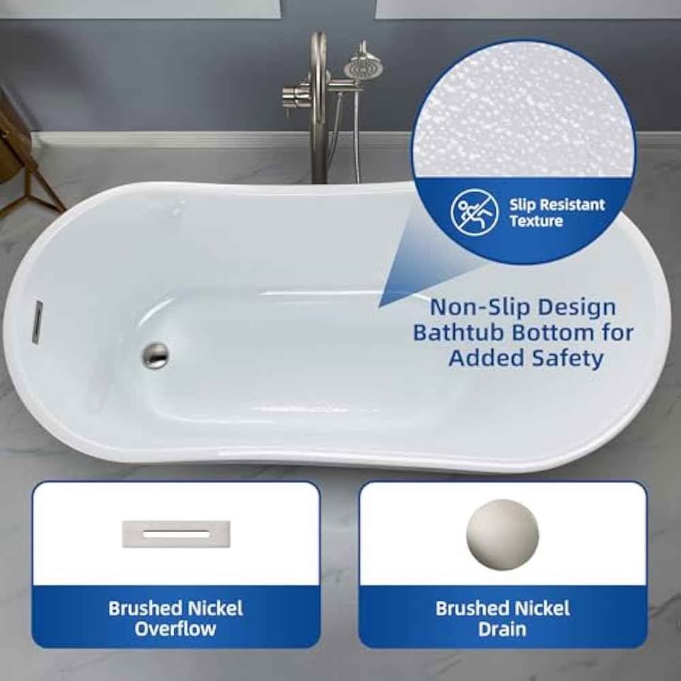 WOODBRIDGE 59" Acrylic Freestanding Bathtub Contemporary Soaking White Tub With Brushed Nickel Overf - Image 5