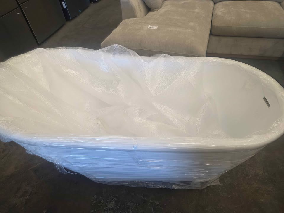 WOODBRIDGE 59" Acrylic Freestanding Bathtub Contemporary Soaking White Tub With Brushed Nickel Overf - Image 6