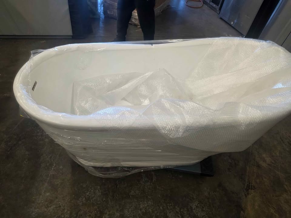 WOODBRIDGE 59" Acrylic Freestanding Bathtub Contemporary Soaking White Tub With Brushed Nickel Overf - Image 8