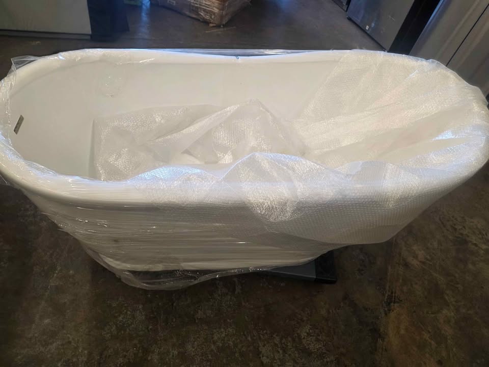 WOODBRIDGE 59" Acrylic Freestanding Bathtub Contemporary Soaking White Tub With Brushed Nickel Overf - Image 9