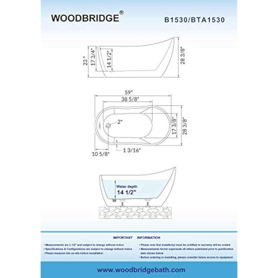 WOODBRIDGE 59" Acrylic Freestanding Bathtub Contemporary Soaking White Tub With Brushed Nickel Overf - Image 10