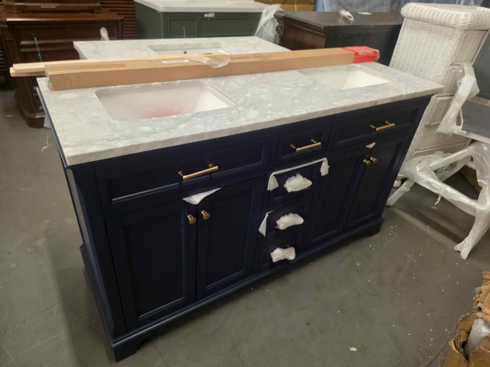 allen + roth Roveland 60" Roval Navy Undermount Double Sink Bathroom Vanity with Carrara marble top - Image 8