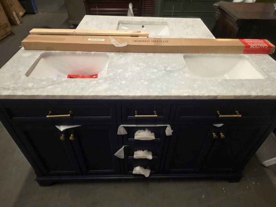 allen + roth Roveland 60" Roval Navy Undermount Double Sink Bathroom Vanity with Carrara marble top - Image 9
