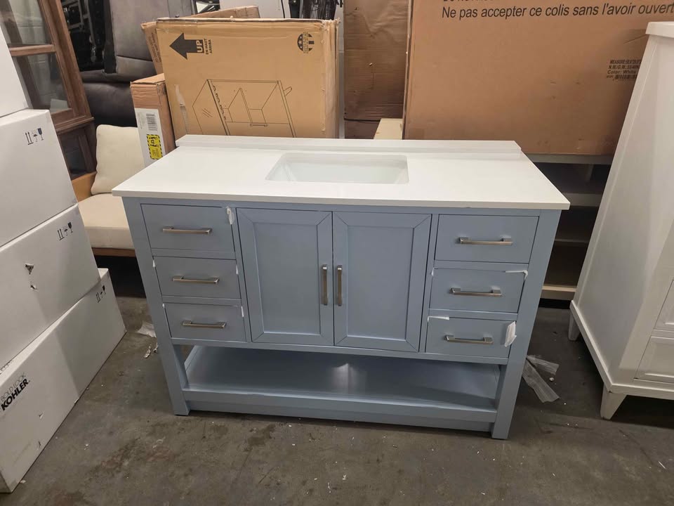 Margie 48" Light Cornflower Blue Vanity with White Engineered Stone Top ( Slight scratch in front ) - Image 6