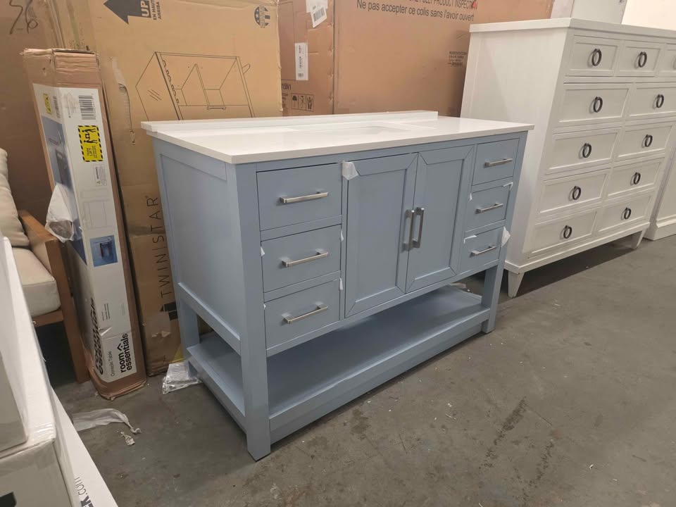 Margie 48" Light Cornflower Blue Vanity with White Engineered Stone Top ( Slight scratch in front ) - Image 7