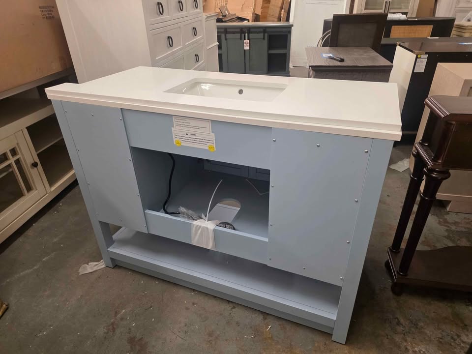 Margie 48" Light Cornflower Blue Vanity with White Engineered Stone Top ( Slight scratch in front ) - Image 8