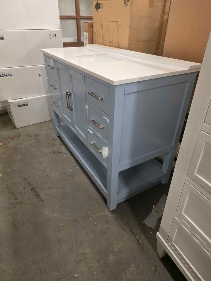 Margie 48" Light Cornflower Blue Vanity with White Engineered Stone Top ( Slight scratch in front ) - Image 9