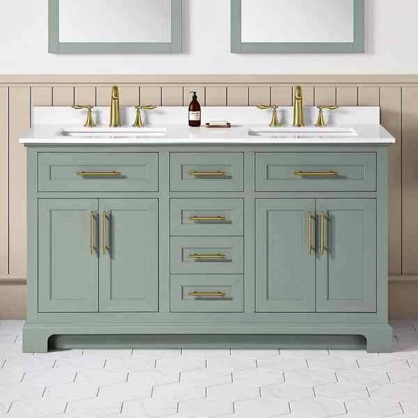 Doveton 60 in. Double Sink Freestanding Sage Green Bath Vanity with White Engineered Stone Top