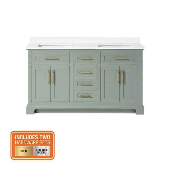 Doveton 60 in. Double Sink Freestanding Sage Green Bath Vanity with White Engineered Stone Top - Image 2