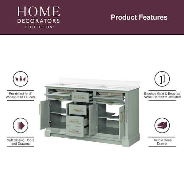 Doveton 60 in. Double Sink Freestanding Sage Green Bath Vanity with White Engineered Stone Top - Image 3