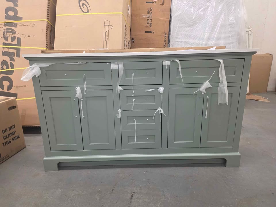 Doveton 60 in. Double Sink Freestanding Sage Green Bath Vanity with White Engineered Stone Top - Image 6