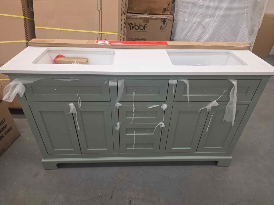 Doveton 60 in. Double Sink Freestanding Sage Green Bath Vanity with White Engineered Stone Top - Image 9