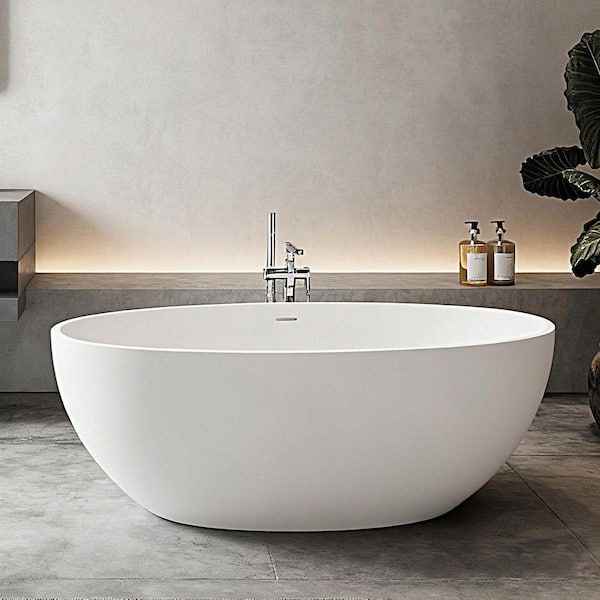 62 in. x 32 in. Stone Resin Freestanding Soaking Bathtub in Matte White with Drain - Image 2