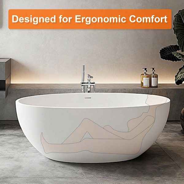 62 in. x 32 in. Stone Resin Freestanding Soaking Bathtub in Matte White with Drain - Image 4